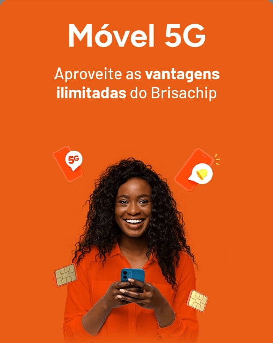 Mulher negra de blusa laranja segurando um smartphone, com fundo laranja e ícones de 5G, chip e notificação.